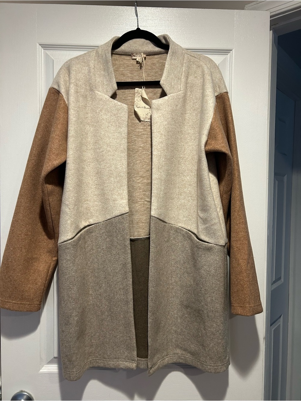 Hem & Thread Colorblock Open-Front Cardigan - Cream, Tan, Brown